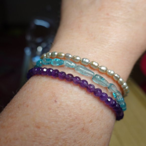(NWT) Genuine Faceted & Smooth Amethyst (3) Bracelet Stack/Set - Picture 10 of 11